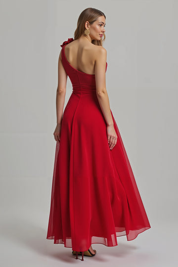 One Shoulder A Line Long Red Formal Dress with 3D Flower